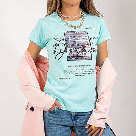 Mintfarbenes Damen-T-Shirt aus Baumwolle mit Aufdruck und Aufschriften - Kleidung