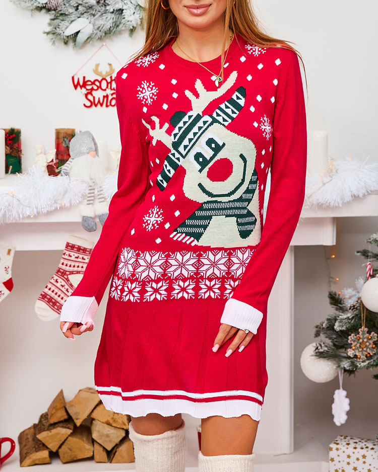 Royalfashion Red Christmas Sweater Damen-Minikleid mit Rentier