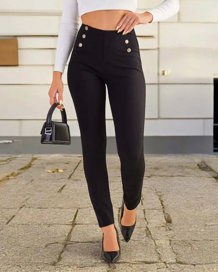 Royalfashion Damen Teggings-Hose aus Baumwolle mit Zierknöpfen