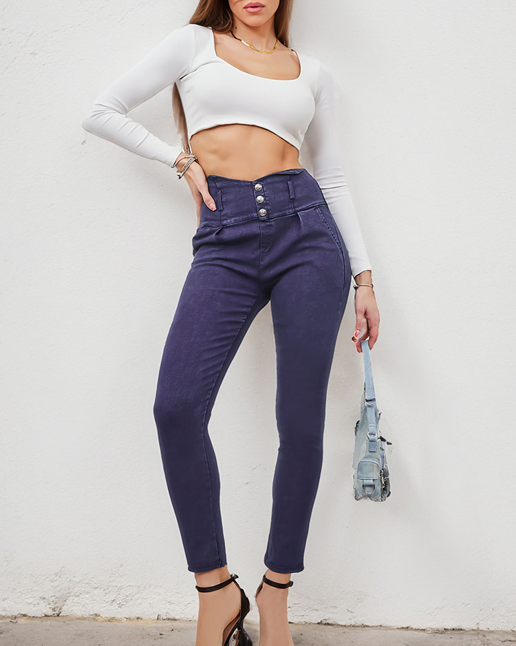 Royalfashion Damen Teggings Hose mit Zierknöpfen