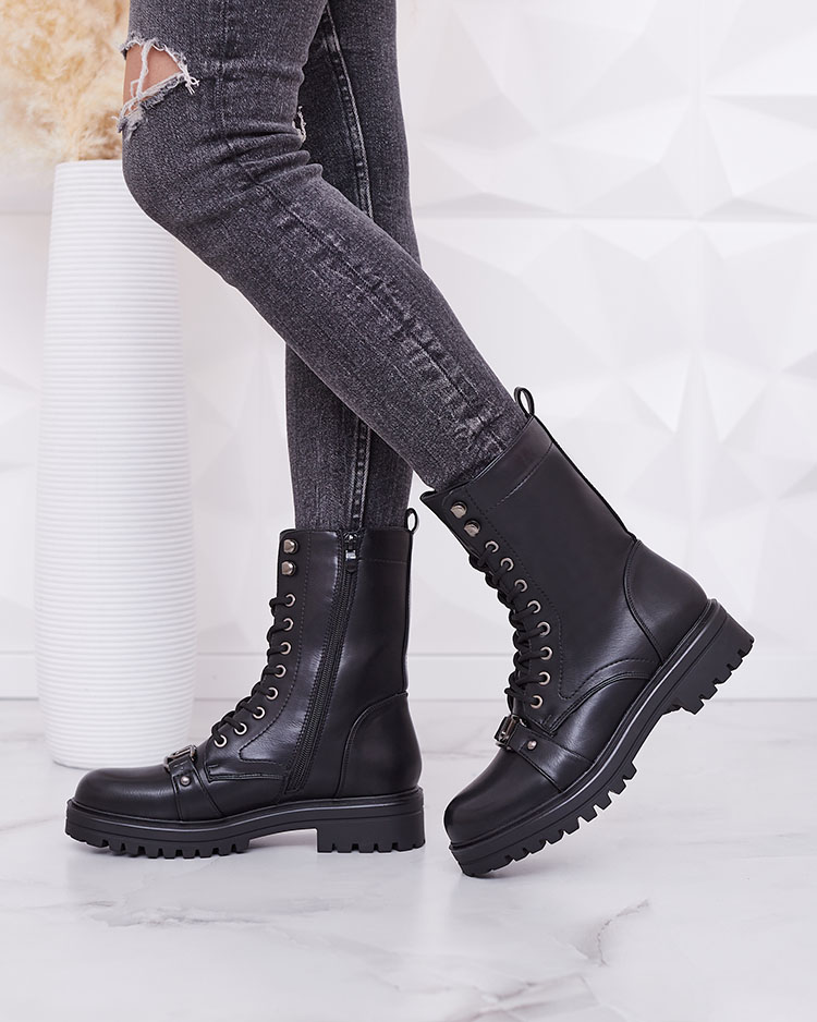 Royalfashion Eco Leder Damen Baggerstiefel in schwarz Stiifer