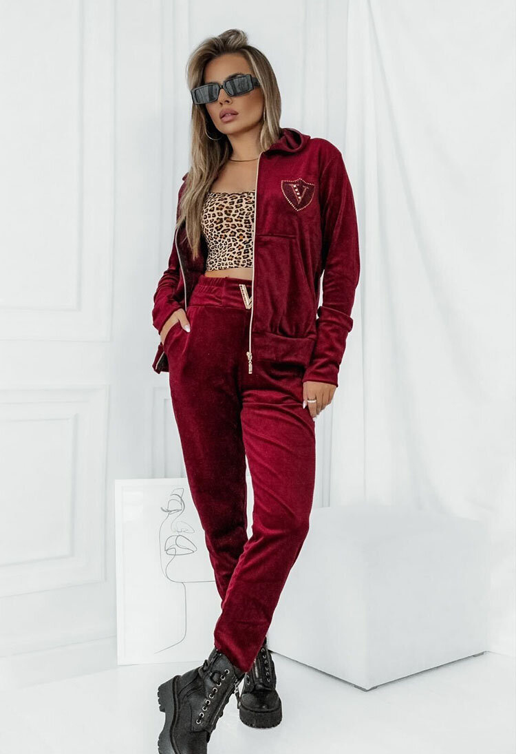 Royalfashion Maroon Velour Damen-Trainingsanzug-Set