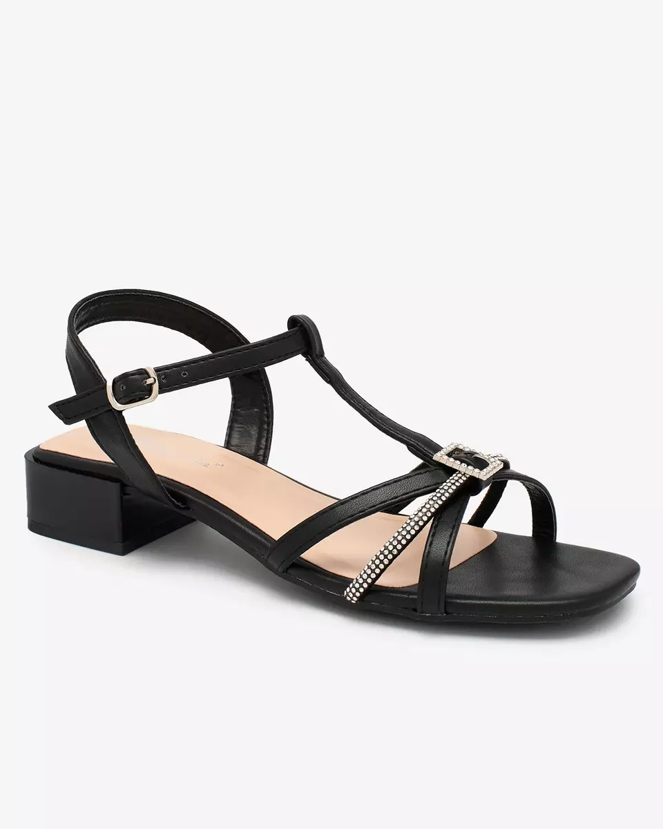 Royalfashion Schwarze Damen-Sandalen mit niedrigem Absatz und Zirkonia Luietta