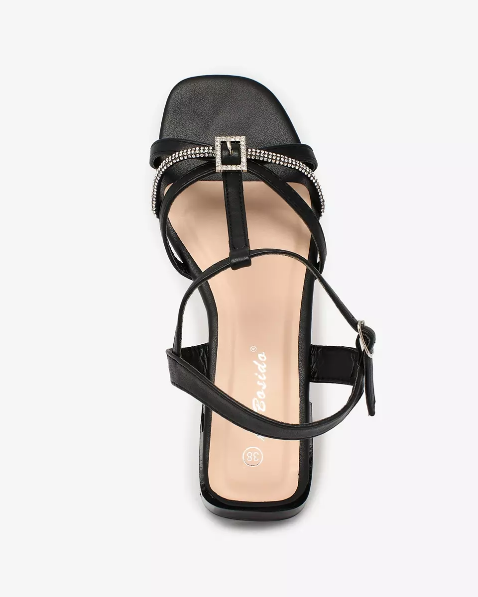 Royalfashion Schwarze Damen-Sandalen mit niedrigem Absatz und Zirkonia Luietta