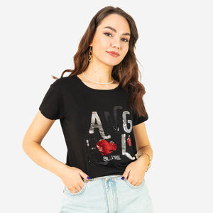 Schwarzes Damen-T-Shirt mit Paillettenaufschrift - Kleidung