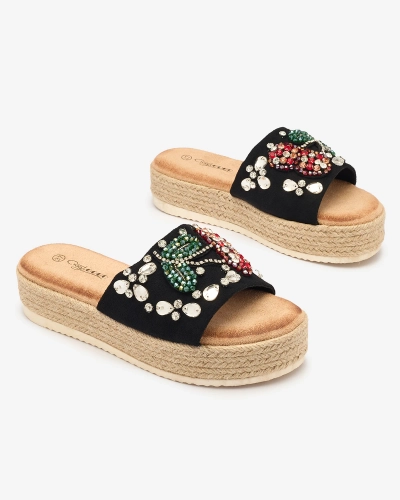 Royalfashion Schwarze verzierte Damen-Flip-Flops mit dicker Sohle Avadeka