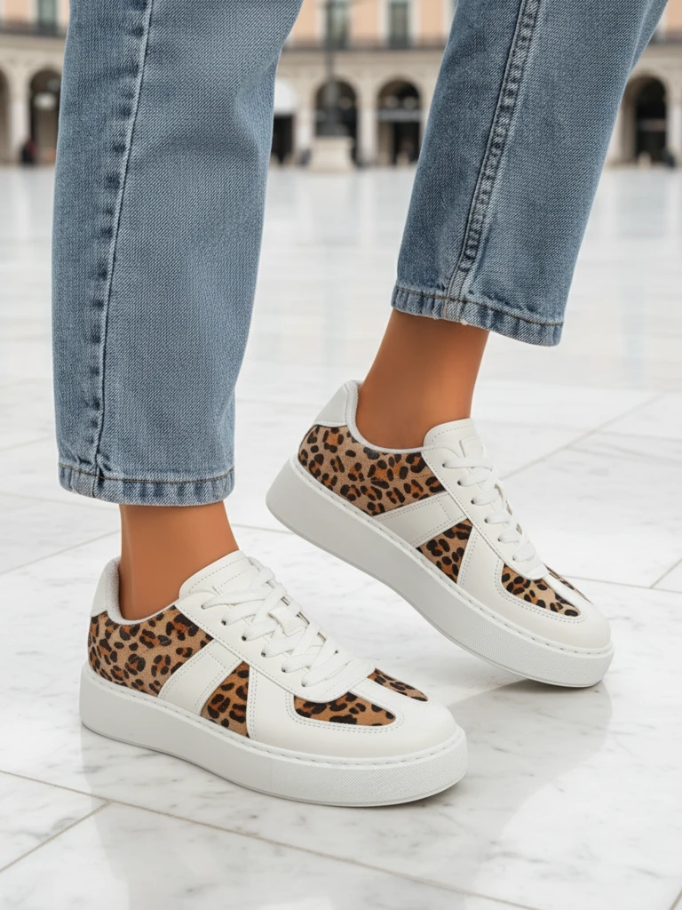 Damen Sneakers Calista Leopardia – Weißes Öko-Leder Stoff Frühling 4cm