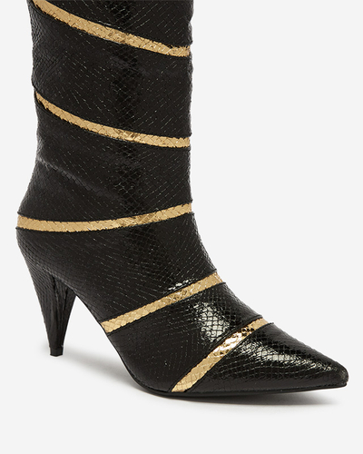 Schwarz-goldene Damenstiefel mit Stilettoabsatz und geprägten Streifen Felifea- Footwear