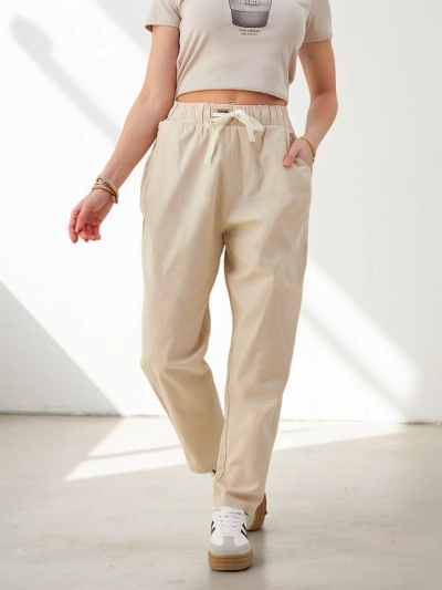 Royalfashion Baumwollgerade Damenhose mit Bindeband in der Taille