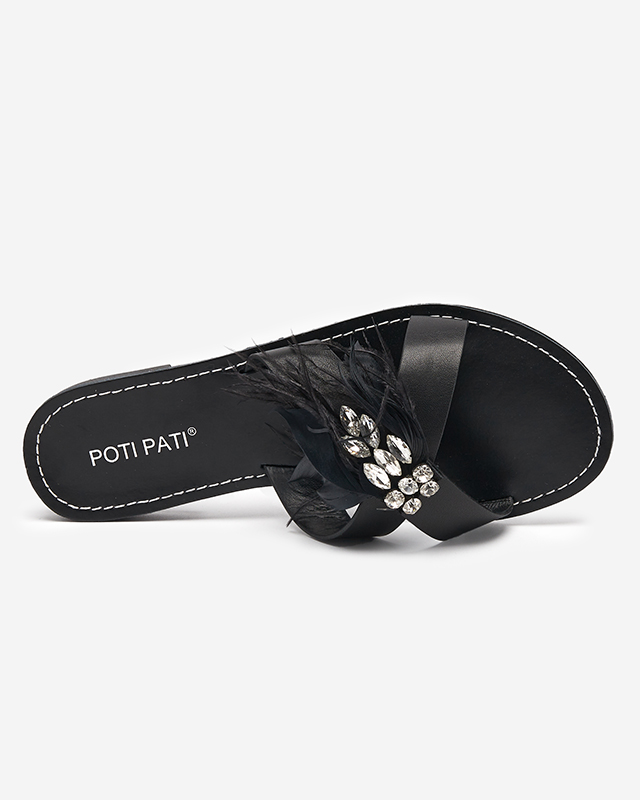 Schwarze Damenhausschuhe mit Ornament aus Zirkonia und Federn Linoda - Schuhe