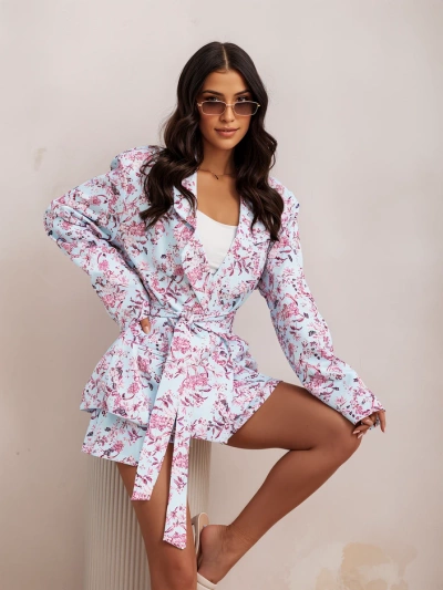 Royalfashion Floral Damen-Set mit gebundenem Blazer und Shorts-Rock