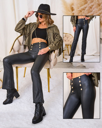 Royalfashion Braune Damen Öko-Leder-Leggings mit Goldknöpfen