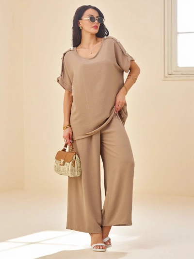 Royalfashion Baumwoll Damen-Set mit kurzen Ärmeln und weiten Hosen