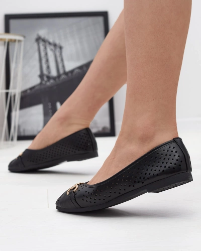 Schwarze durchbrochene Damen-Ballerinas mit Goldverzierung Serilla- Footwear