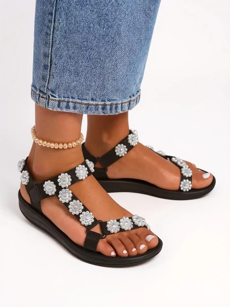 Royalfashion Perseida Damen Plateausandalen Schwarz mit Perlen