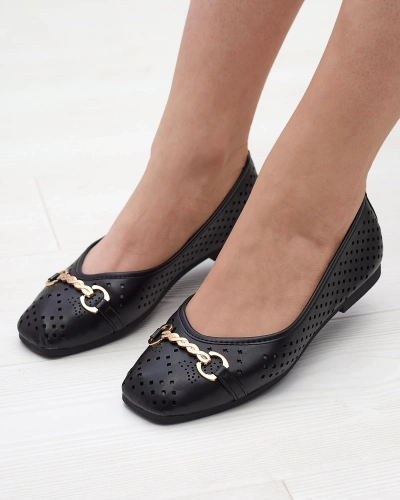 Schwarze durchbrochene Damen-Ballerinas mit Goldverzierung Serilla- Footwear