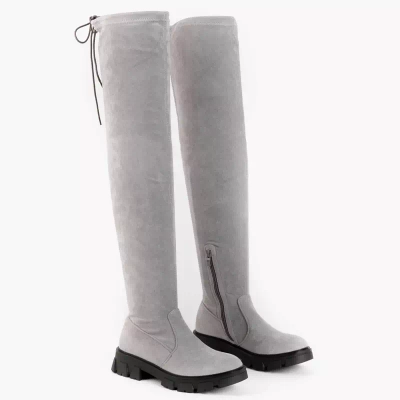 OUTLET Eco - Wildleder graue Stiefel mit flachen Absätzen über dem Knie Engi- Schuhe