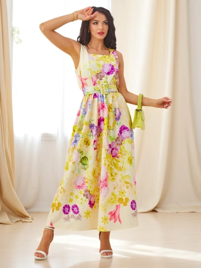 Royalfashion Damen Viskose Midi-Kleid mit Trägern, versehen mit einem Gürtel in verschiedenen Blumenprints