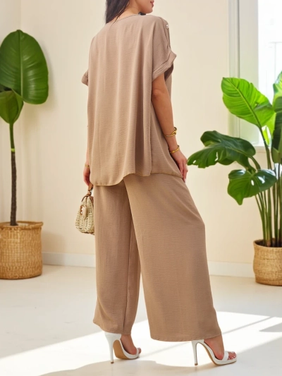 Royalfashion Baumwoll Damen-Set mit kurzen Ärmeln und weiten Hosen