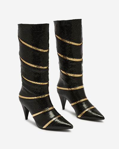 Schwarz-goldene Damenstiefel mit Stilettoabsatz und geprägten Streifen Felifea- Footwear