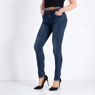 Dunkelblaue Damen-Jeanshose mit Gürtel - Kleidung