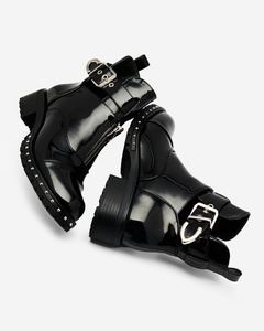 Royalfashion Schwarze Damenstiefel mit flachem Absatz und Verzierungen Elegance Steps