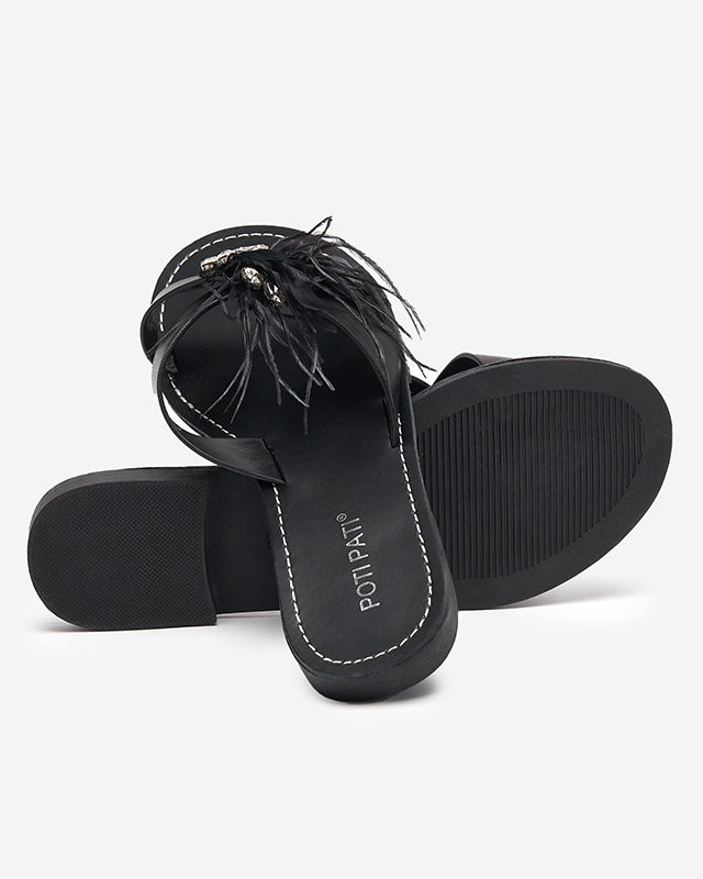 Schwarze Damenhausschuhe mit Ornament aus Zirkonia und Federn Linoda - Schuhe