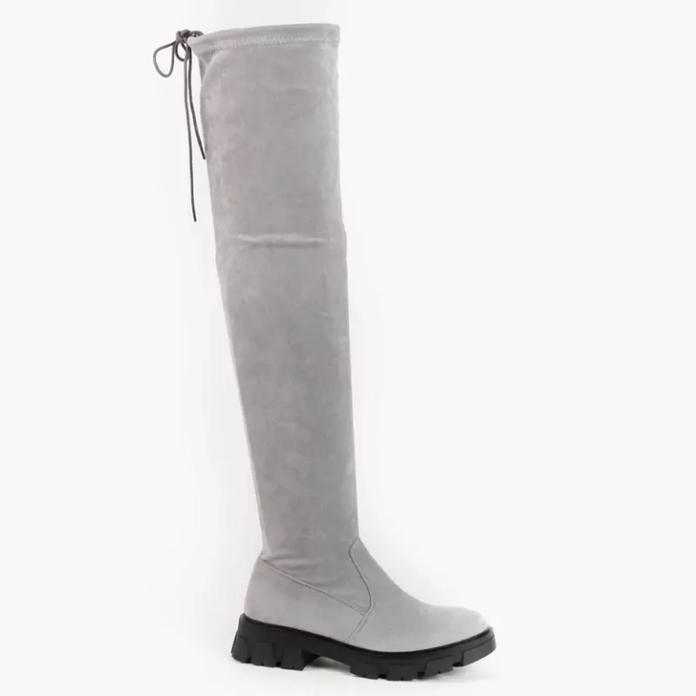 OUTLET Eco - Wildleder graue Stiefel mit flachen Absätzen über dem Knie Engi- Schuhe