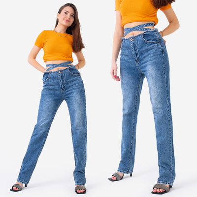 Blaue Boyfriend-Denim-Jeans für Damen mit dekorativem Gürtel - Kleidung