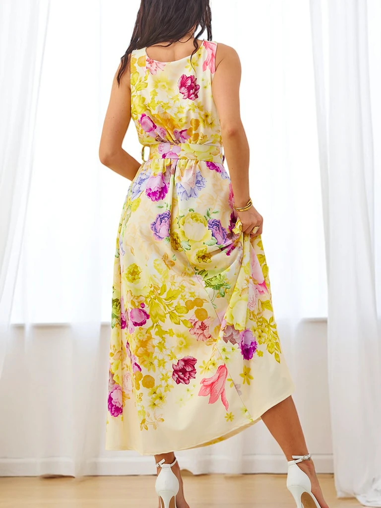 Royalfashion Damen Viskose Midi-Kleid mit Trägern, versehen mit einem Gürtel in verschiedenen Blumenprints