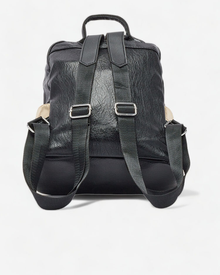 Royalfashion Schwarzer kleiner Damen-Öko-Leder-Rucksack mit goldener Tasche