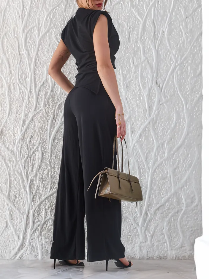 Royalfashion Damen Rippen-Set, mit asymmetrischem Top, ärmellos und weit geschnittenen Hosen