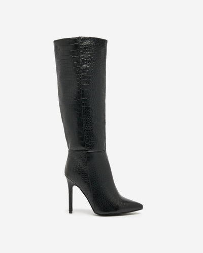 Royalfashion Schwarze Damenstiefel mit Stilettoabsatz und Prägung Stilvoll Elegant