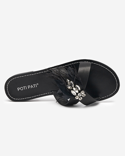 Schwarze Damenhausschuhe mit Ornament aus Zirkonia und Federn Linoda - Schuhe