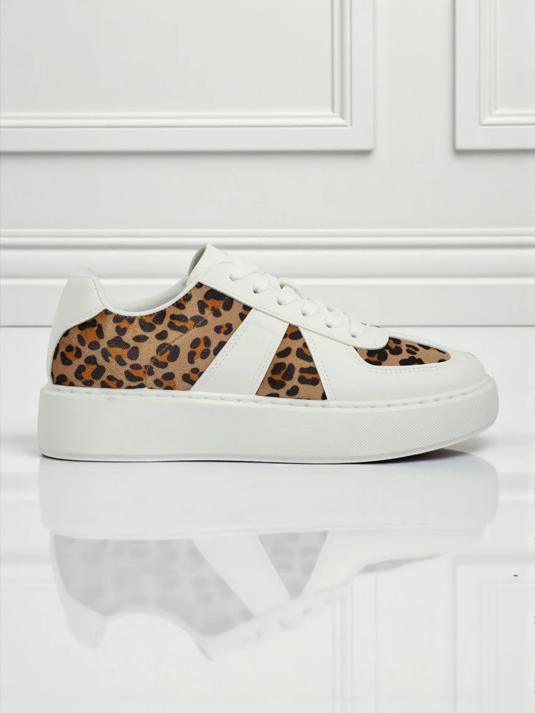 Damen Sneakers Calista Leopardia – Weißes Öko-Leder Stoff Frühling 4cm