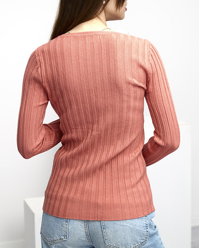 Korallenroter Rippenpullover für Damen - Kleidung