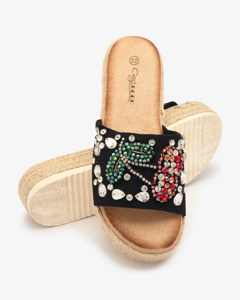 Royalfashion Schwarze verzierte Damen-Flip-Flops mit dicker Sohle Avadeka