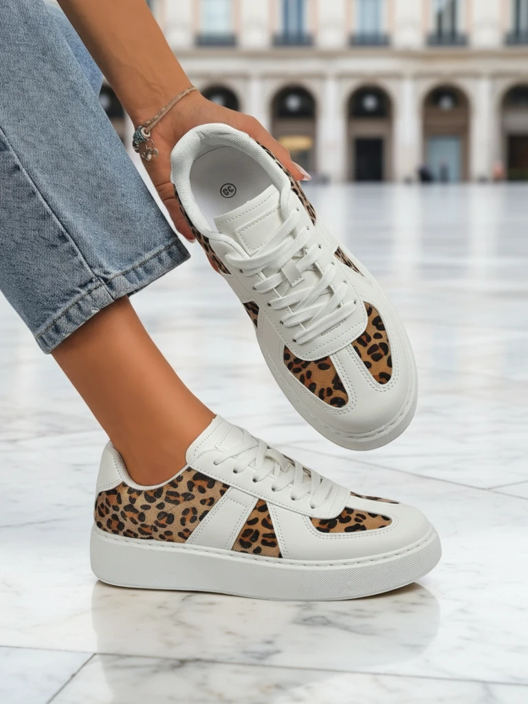 Damen Sneakers Calista Leopardia – Weißes Öko-Leder Stoff Frühling 4cm