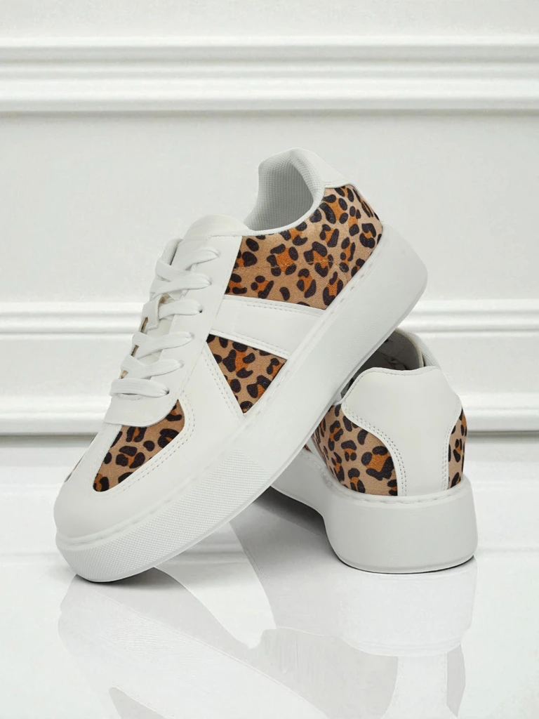 Damen Sneakers Calista Leopardia – Weißes Öko-Leder Stoff Frühling 4cm