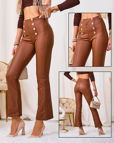 Royalfashion Braune Damen Öko-Leder-Leggings mit Goldknöpfen