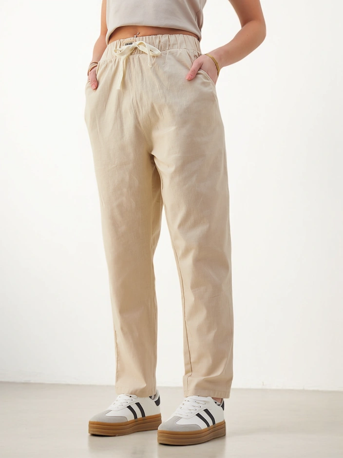 Royalfashion Baumwollgerade Damenhose mit Bindeband in der Taille