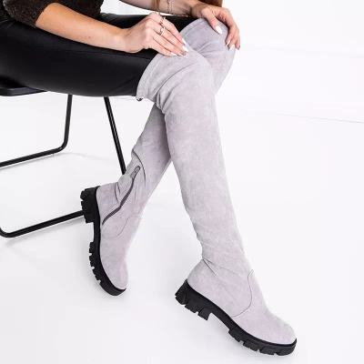 OUTLET Eco - Wildleder graue Stiefel mit flachen Absätzen über dem Knie Engi- Schuhe