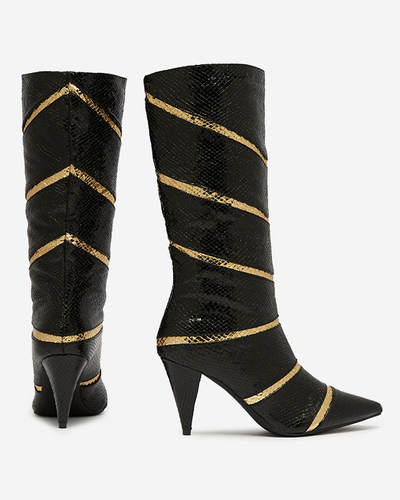 Schwarz-goldene Damenstiefel mit Stilettoabsatz und geprägten Streifen Felifea- Footwear