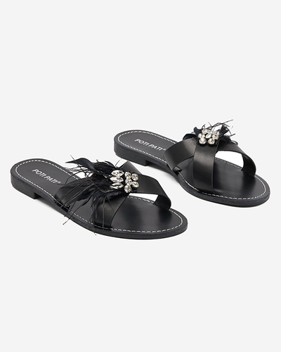 Schwarze Damenhausschuhe mit Ornament aus Zirkonia und Federn Linoda - Schuhe