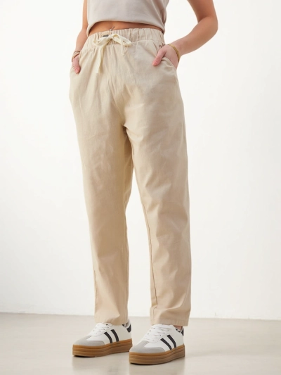 Royalfashion Baumwollgerade Damenhose mit Bindeband in der Taille