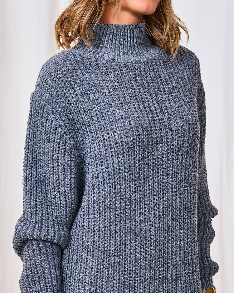 Royalfashion Dunkelgraues Damen Rollkragen Pullover Kleid